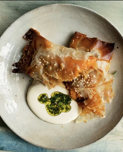 Sauerkraut, sweet potato and filo rolls