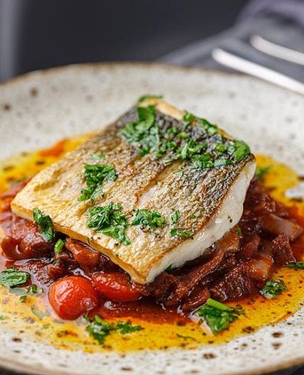 SEA BASS WITH SQUID AND CHORIZO RAGU 🐟
