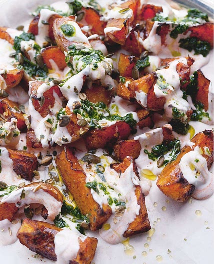 Roasted squash with chilli yoghurt and coriander sauce Ottolenghi