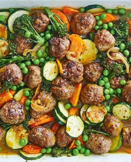 Curried sausage meatball tray bake