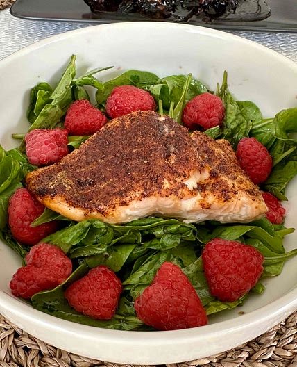 Air Fryer Salmon With Arugula-Berry Salad