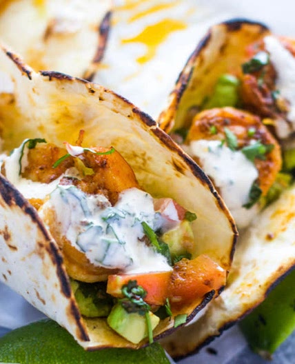 Spicy shrimp tacos with avocado
