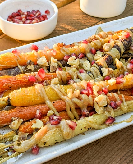 Roasted Rainbow Carrots with Maple Tahini Drizzle