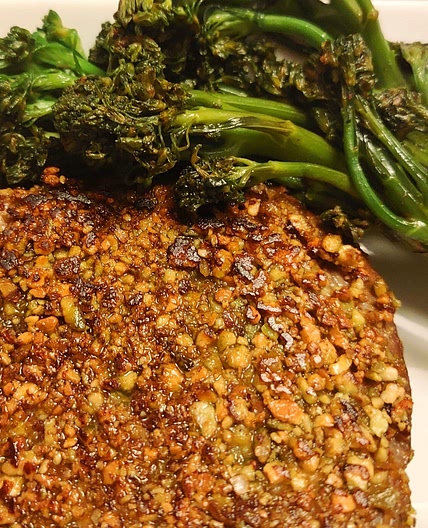 Pistachio breaded Tuna steak with baby broccoli