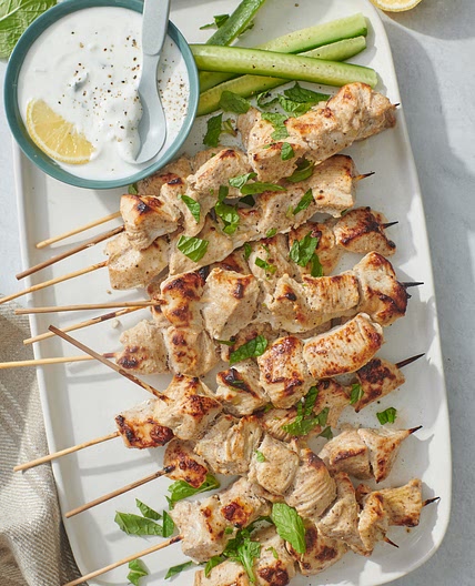 Chicken Tikka Skewers with Cucumber Mint Salad