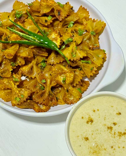 Air Fryer Masala Farfalle Chips with Cumin Yogurt Dip