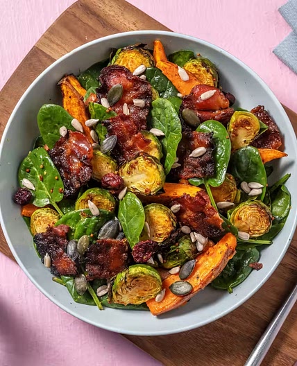 Maple-Glazed Bacon Salad with Roasted Veggies and Maple-Mustard Dressing