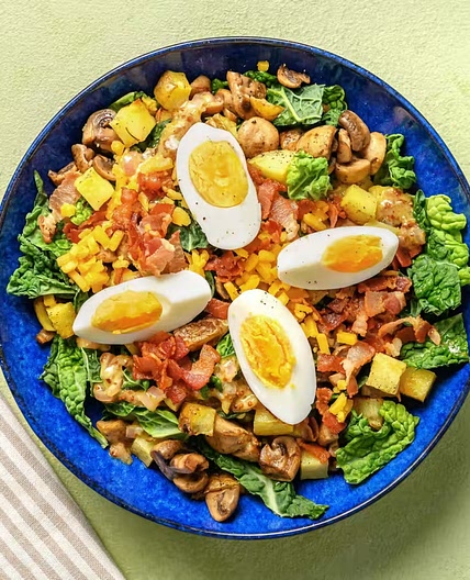 Bacon and Egg Kale Salad with Warm Bacon Vinaigrette, Potatoes and Mushrooms