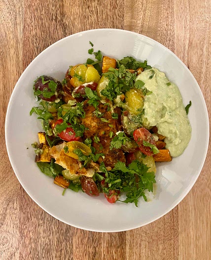 Cajun Cod with Roasted Sweet Potatoes and Avocado Cream