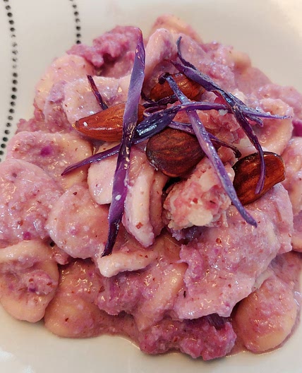 Pasta - Purple cabbage pesto, almonds, and sausage.