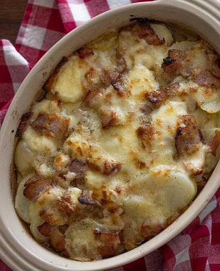 Bacon, Onion, Raclette Potato Gratin