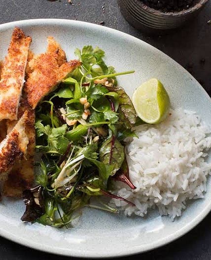 Chicken schnitzel with rice and veggies 