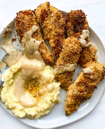 Baked Chicken Tenders with Broccoli and Cauliflower Mash