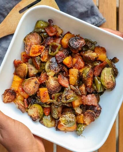 Maple Soy Brussel Sprouts & Butternut Squash with Bacon 