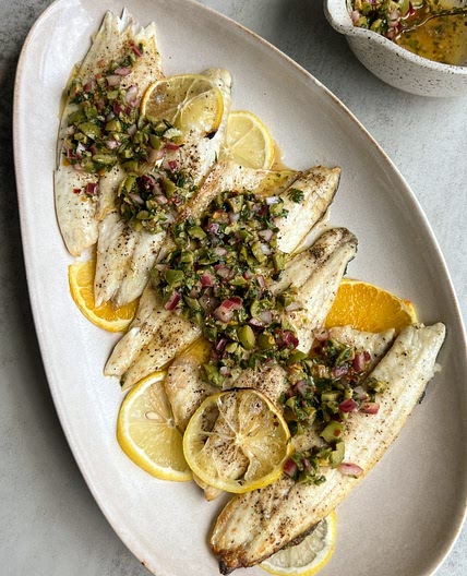 Branzino with Citrus Olive Salsa