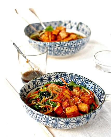 Korean Sweet Potato Noodle Stir Fry (Japchae) with Marinated and