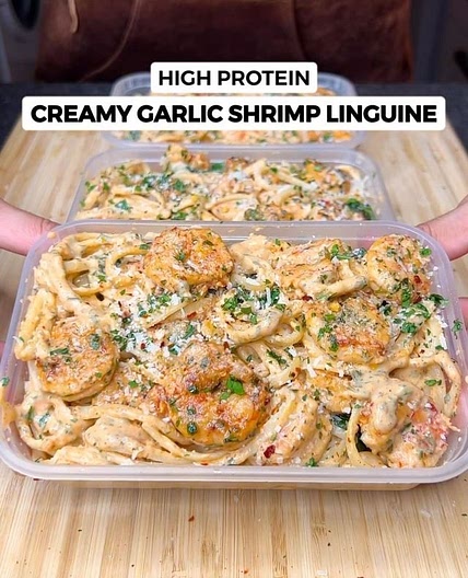 High Protein Lemon Garlic Shrimp Linguine
