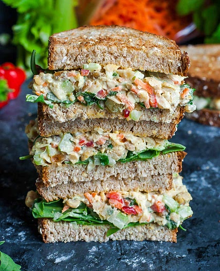 Chickpea Salad Sandwich with Roasted Vegetables and Fruit