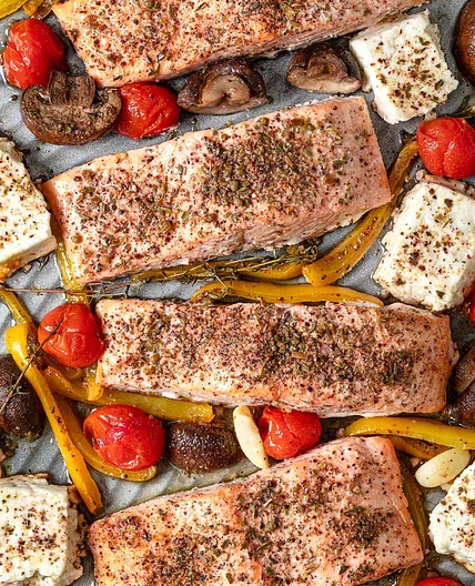 Baked Salmon with Vegetables and Feta