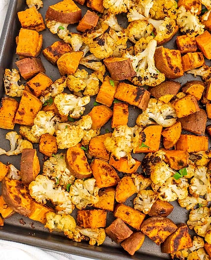 Cauliflower and Sweet Potato Tray Bake