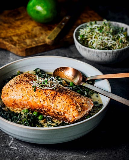 Crispy Salmon with Green Curry Spinach