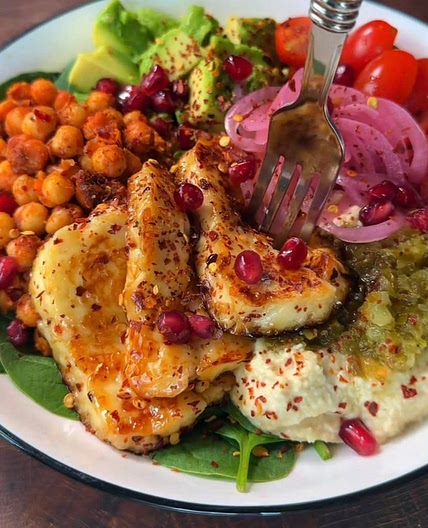 Sticky Halloumi, Harissa Chickpeas, and Jalapeño Hummus