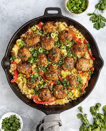 Firecracker Chicken Meatballs with Cilantro Coconut Pineapple Rice