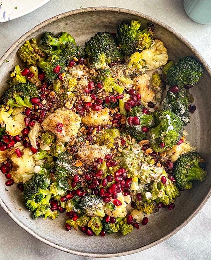 Charred Broccoli with Tahini, Pomegranate Seeds, and Dukkah