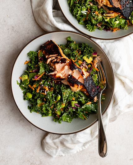 Chopped Kale & Salmon Salad with Sesame Ginger Miso Dressing