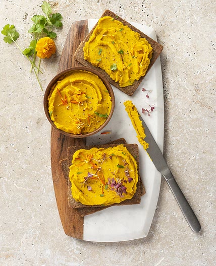 Lentil spread with curry on Mestemacher Organic Rye & Spelt Bread – Mestemacher
