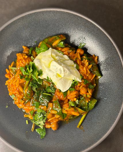 One Pan Harissa Orzo with Chickpeas and Yogurt