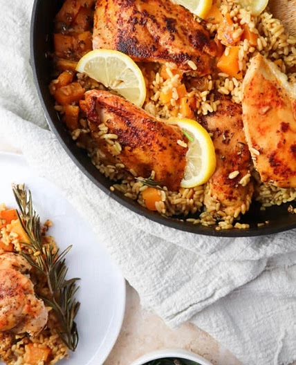One pan butternut squash, chicken, rice  