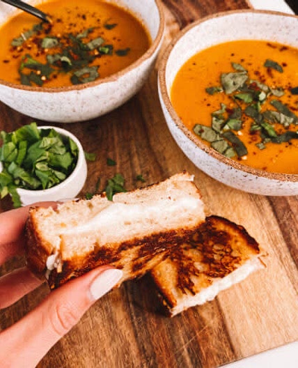 Tomato Basil Soup with Grilling Cheese Strips (Magnolia Table)
