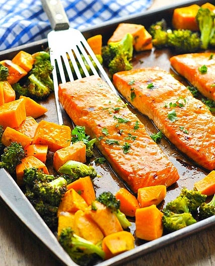 Salmon with Roasted Sweet Potatoes and Broccoli