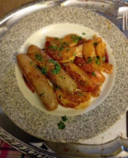 MUSTARDY SKILLET SAUSAGES WITH CIDER & APPLES