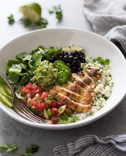 Chicken Burrito Bowls with Cauliflower Rice