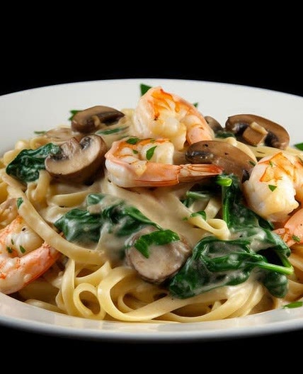 Pasta Alfredo con espinaca y camarones