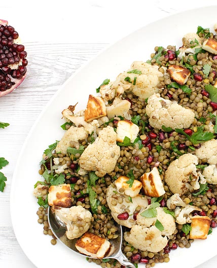 Roasted Lentil Salad with Vegan Feta & Pomegranate