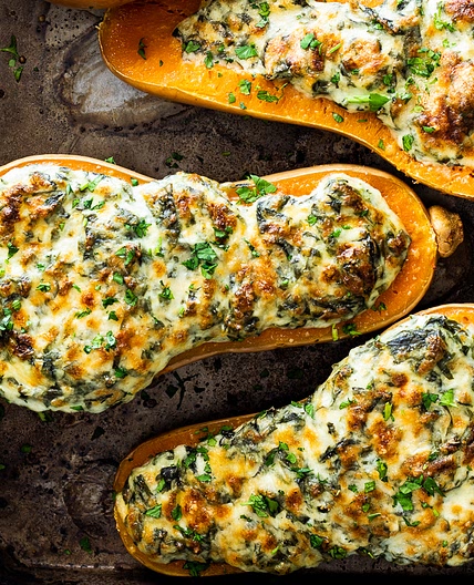 Creamed spinach stuffed butternut squash