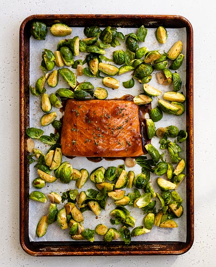 30-Minute Fig Balsamic Sheet Pan Salmon & Brussels Sprouts