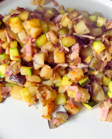 Bacon Eggplant, Potato and Zucchini Stir Fry