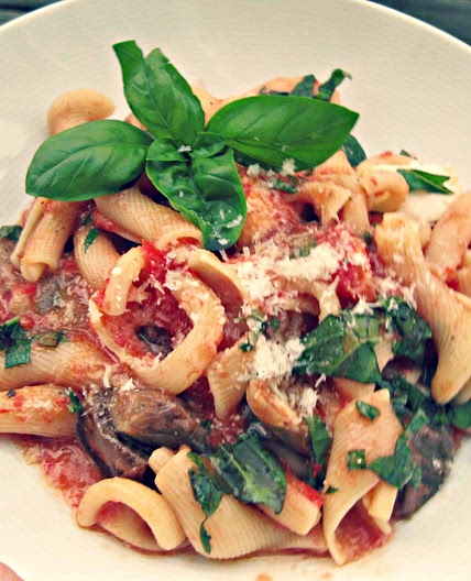 Pasta with Fairytale Eggplant, Tomatoes, Fresh Mozzarella and Basil