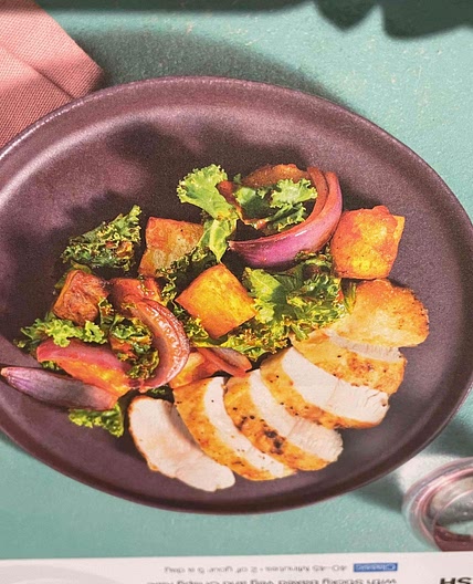 Lemon herb chicken w/sticky baked veg & crispy kale