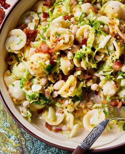 Orecchiette and Navy Beans with Brussels Sprouts and Spicy Bread Crumbs
