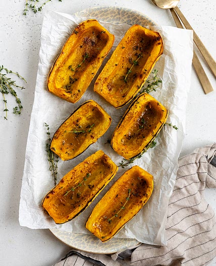 Simple Roasted Delicata Squash Halves with Maple & Thyme