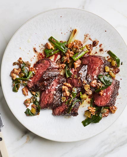 Steak with Charred Scallions and Yogurt Sauce