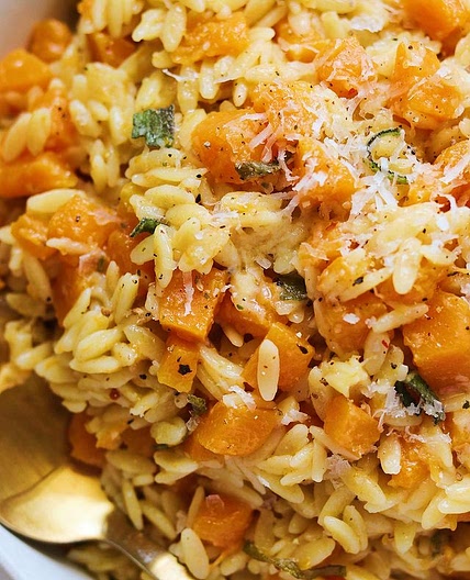CHEESY BROWN BUTTER ORZO WITH BUTTERNUT SQUASH AND SAGE! details