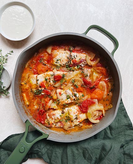 Fennel and Tomato Braised Fish with Creamy Tahini