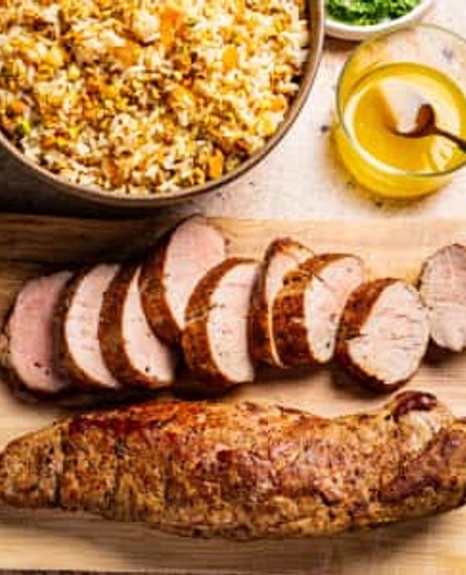 Spiced Pork Tenderloin and Brown Rice with Fruit and Pistachios