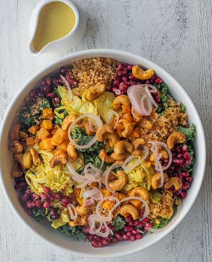 Roasted Vegetable Salad with Kale and Tahini Dressing